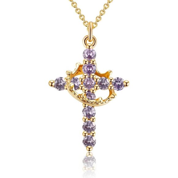 Perfect Gifts Women's Crown M06 Purple Cross Necklace Gold Plated Faith Jewelry - Picture 8 of 8